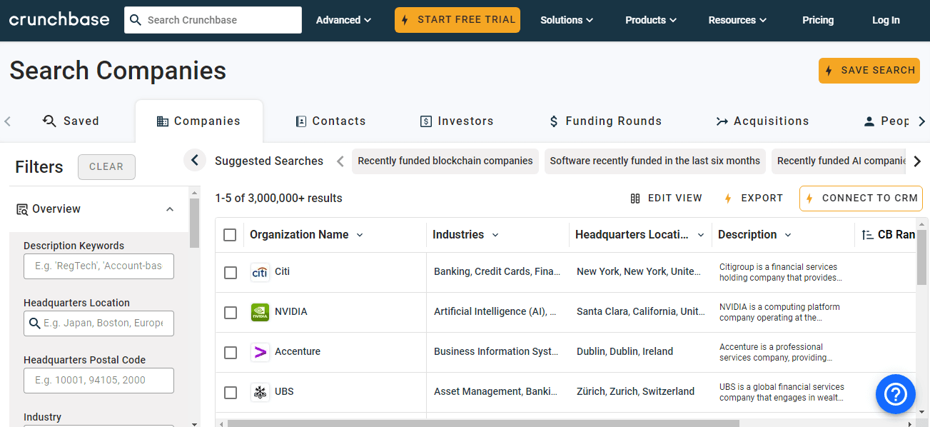 Crunchbase company search with filters and a list of organizations